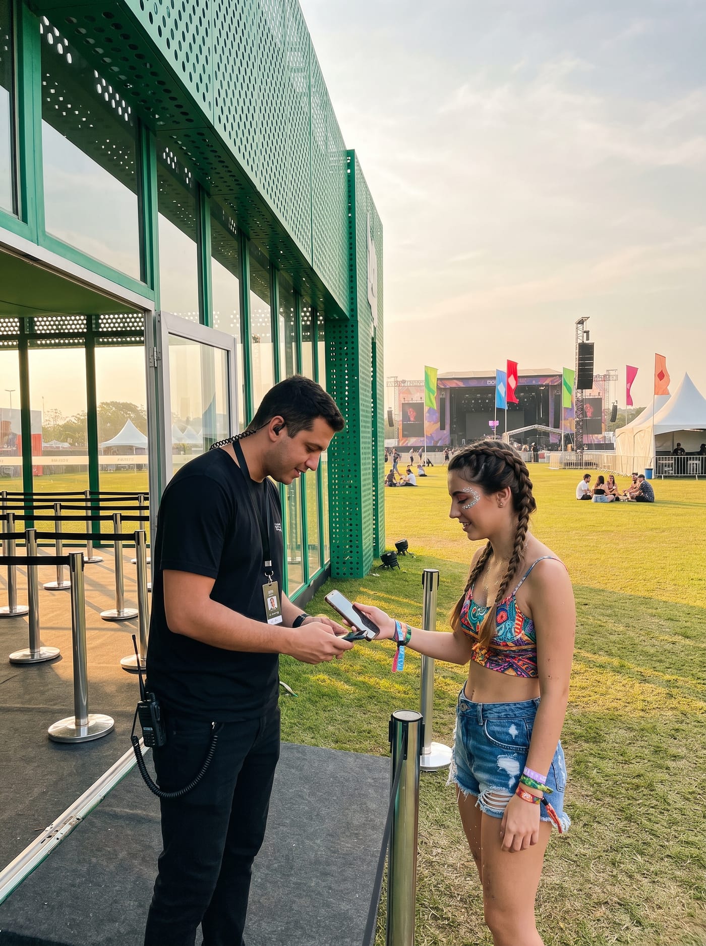 Promotor validando o código no celular da participante na porta do estande