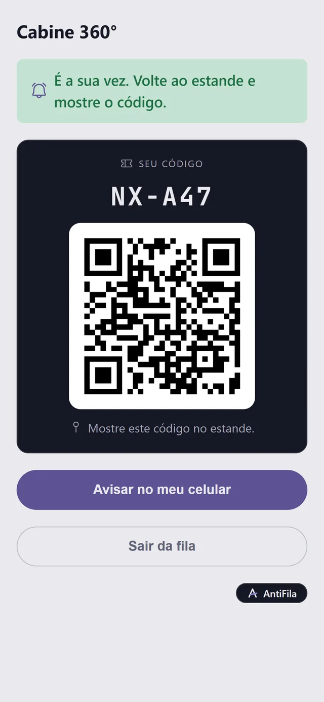 Tela do ticket avisando que chegou a vez do participante voltar ao estande e mostrar o código