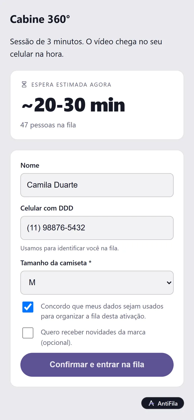Tela de cadastro do AntiFila no celular, com espera estimada de 18 minutos, 47 pessoas na fila e o formulário preenchido
