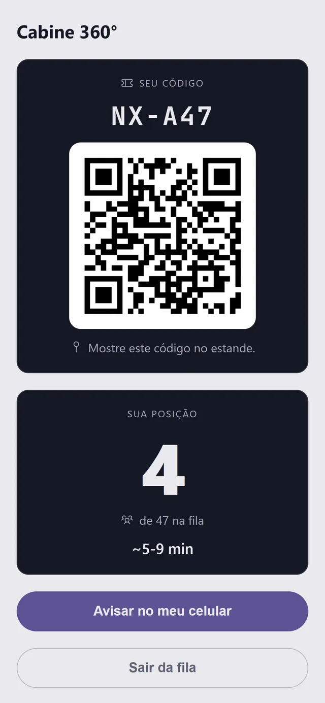 Tela do ticket no celular mostrando o código K7M204, a posição 4 de 47 na fila e a espera de cerca de 9 minutos
